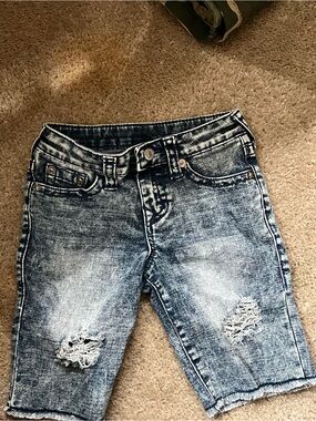 True Religion Washed Blue Distressed Denim Bermuda Shorts
